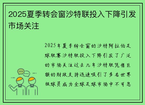 2025夏季转会窗沙特联投入下降引发市场关注 2025夏季转会窗沙特联投入下降引发市场关注