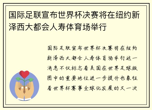 国际足联宣布世界杯决赛将在纽约新泽西大都会人寿体育场举行