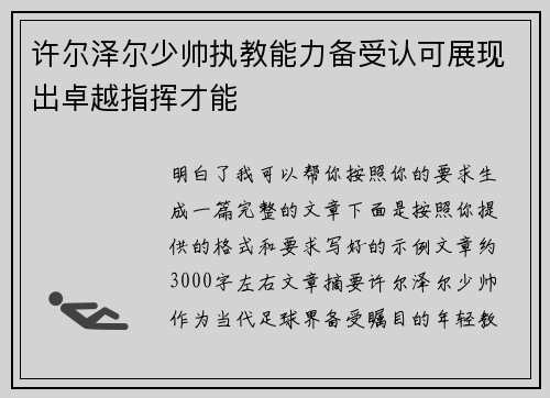 许尔泽尔少帅执教能力备受认可展现出卓越指挥才能